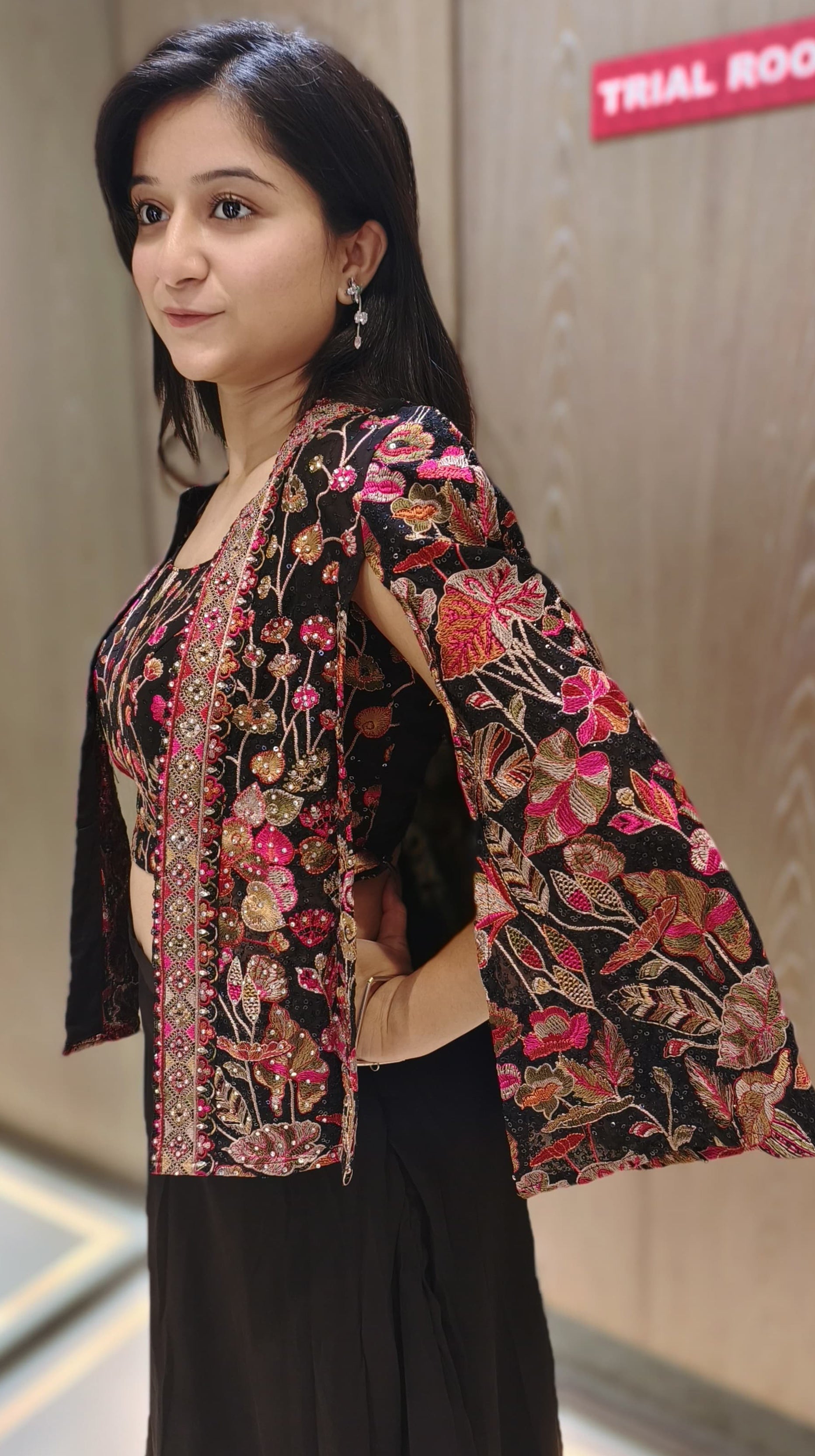 Black Color Georgette Machine Embroidered Plazzo With Jacket